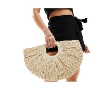 Ramla Woven Straw Fan Clutch Bag Beige Cream Large Raffia Summer Beach Handbag